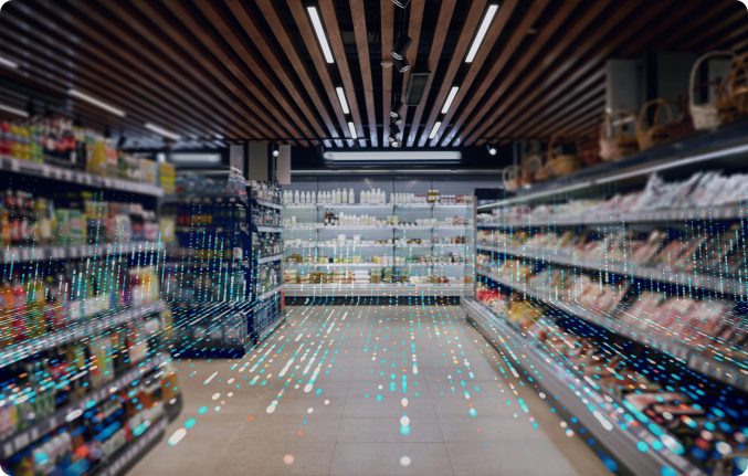 A modern supermarket aisle showcasing product shelves and advanced data visualization effects, highlighting FMCG retail execution and merchandising strategies.