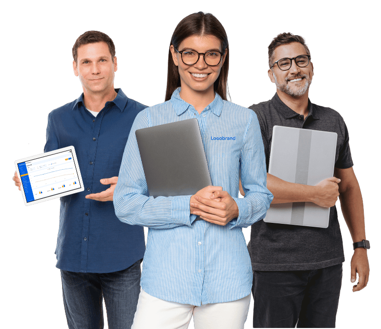 Three members of the Logobrand team showcasing FMCG field marketing and retail execution expertise, equipped with tablets and laptops.