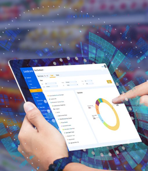 A person interacting with a tablet displaying a data dashboard for retail execution and compliance in the FMCG sector.