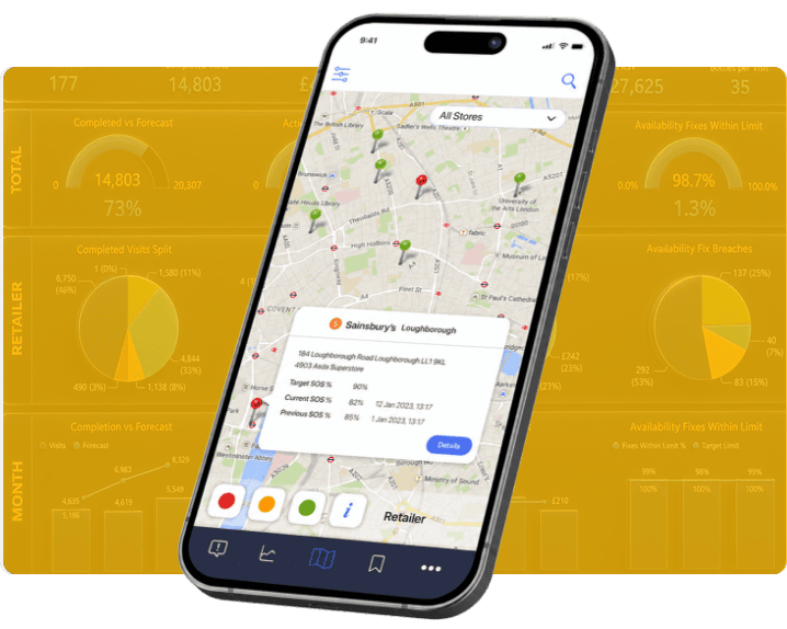 Screenshot of a mobile app with a map showing retail store locations and performance metrics for FMCG brands