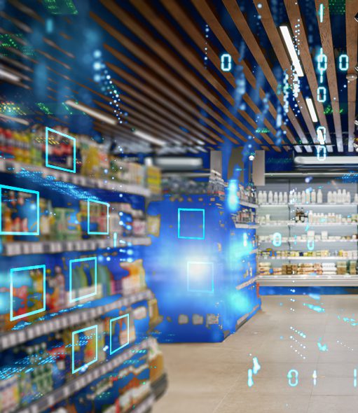 A retail store interior showcasing FMCG products with visual overlays representing data analytics and image recognition for improved shelf visibility and compliance.