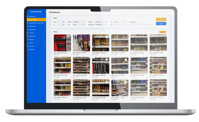 Screenshot of Logobrand's field marketing results dashboard showing various FMCG product images and compliance data.