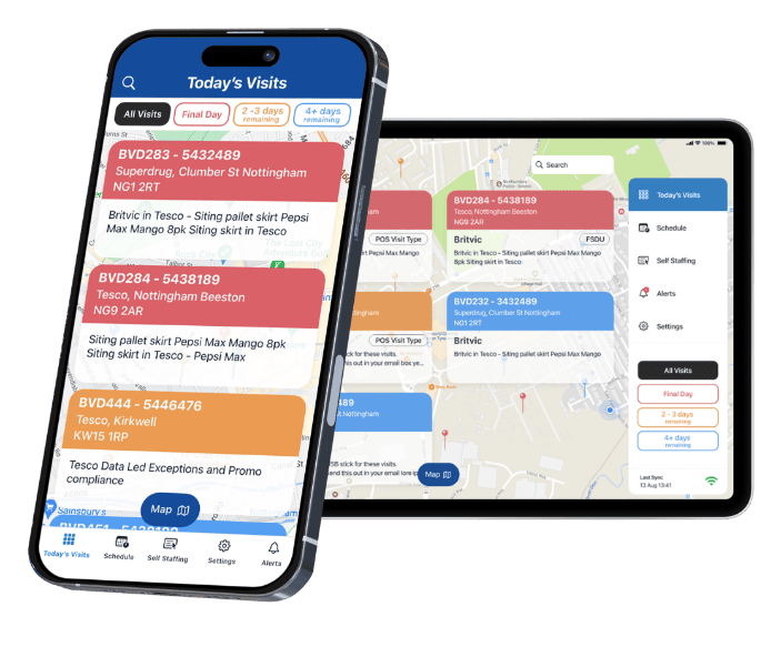 Screenshot of Logobrand's mobile and tablet app displaying today's visits for field marketing and retail execution, including store locations and tasks.
