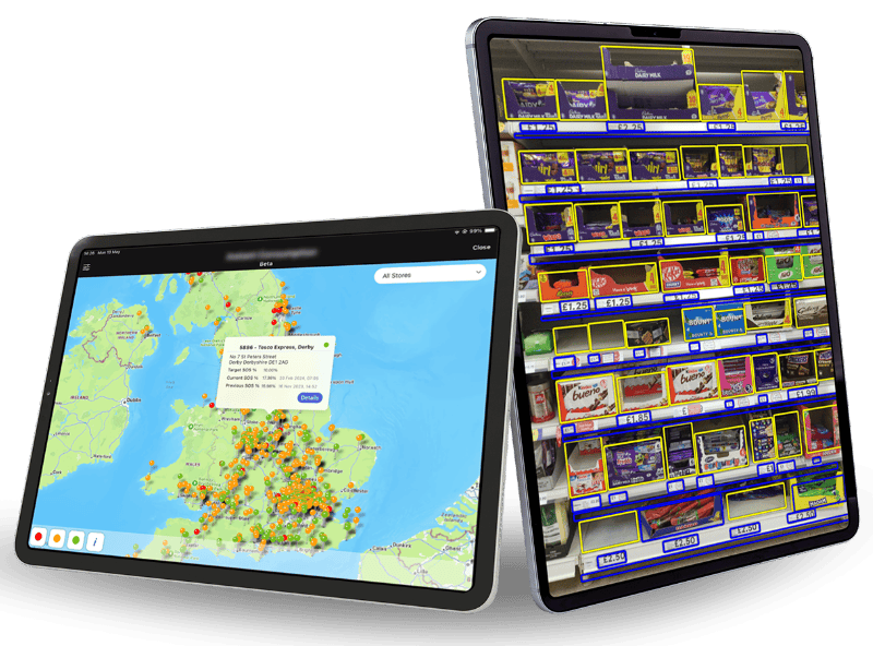 Two tablets displaying FMCG market insights with a map of the UK and product shelf visibility analytics
