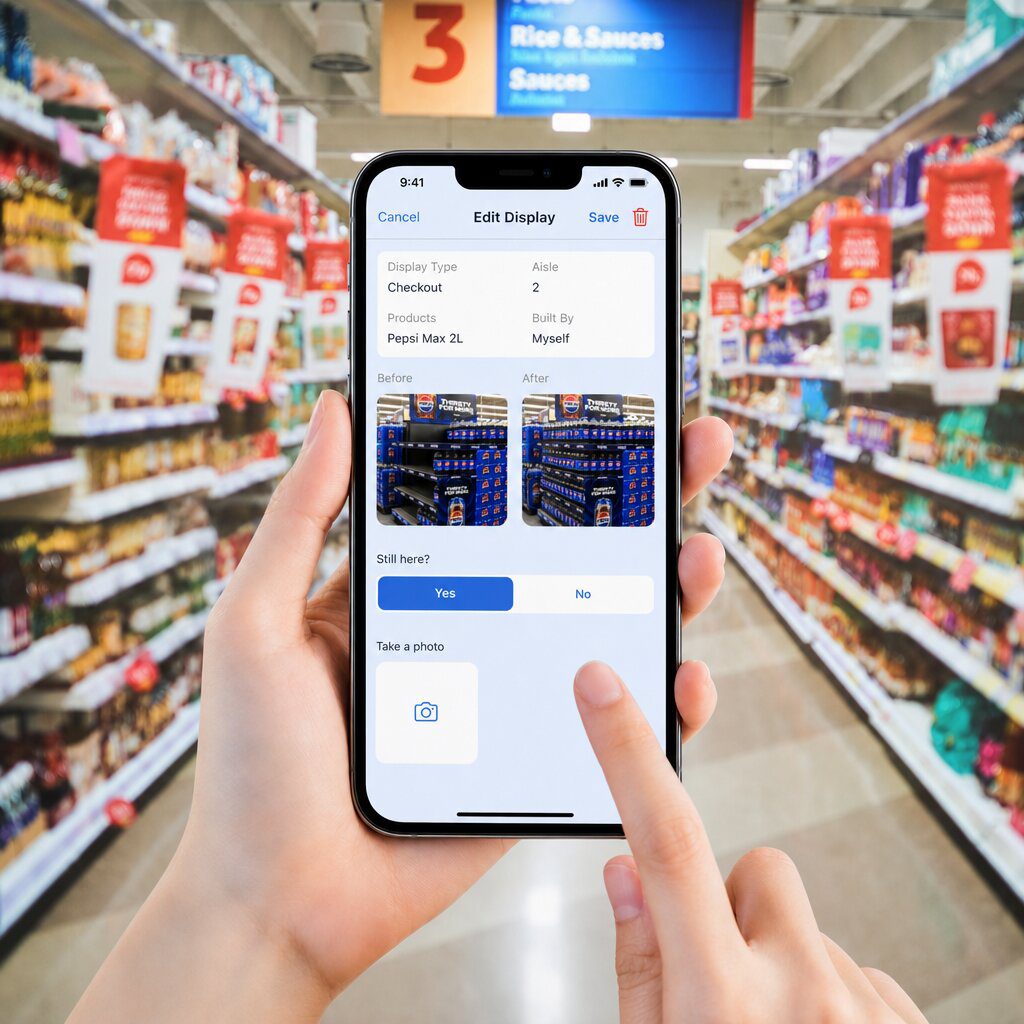 User editing a product display on a mobile app in a grocery store aisle with shelves of food products in the background.