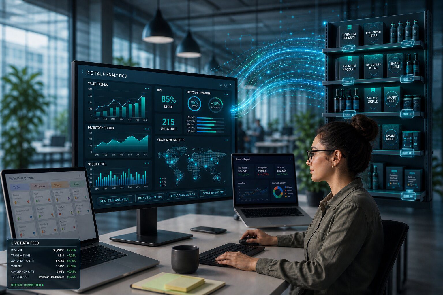 A professional analyzing digital analytics for FMCG field marketing with multiple screens showing sales trends, inventory status, and customer insights.