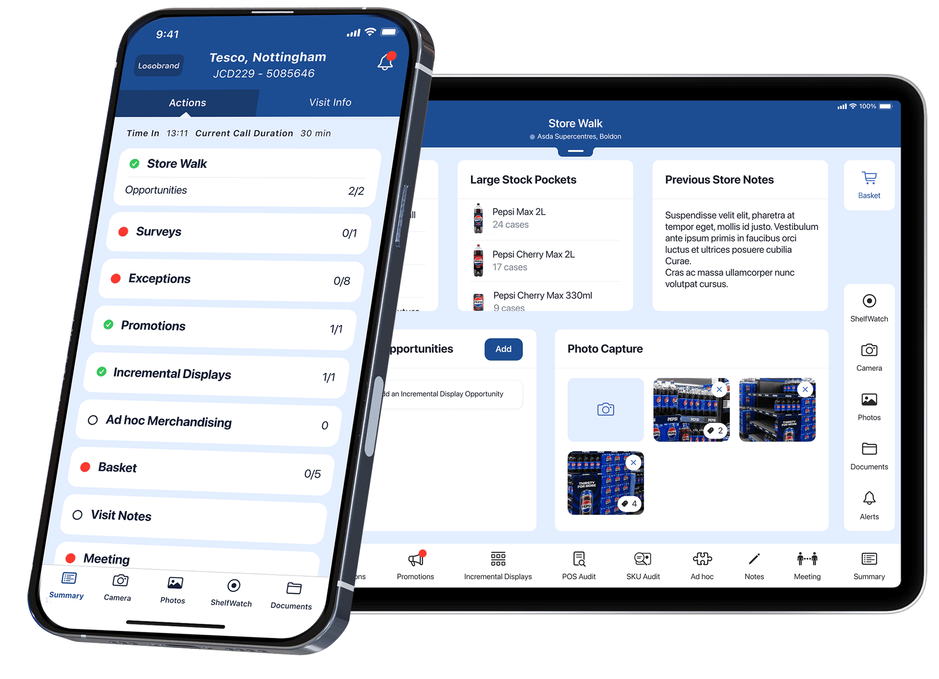 Screenshot of Logobrand's field marketing app showing store walk details, opportunities, and previous store notes for retail execution.