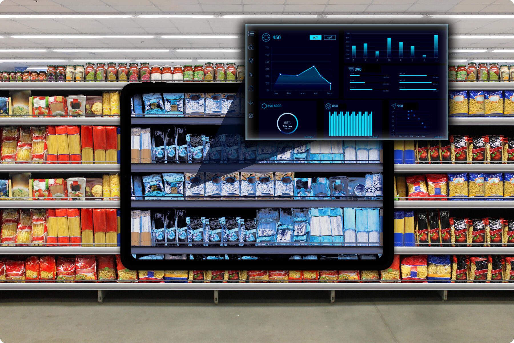 An interactive data dashboard displayed over grocery shelves, showcasing FMCG field marketing insights and product visibility compliance.