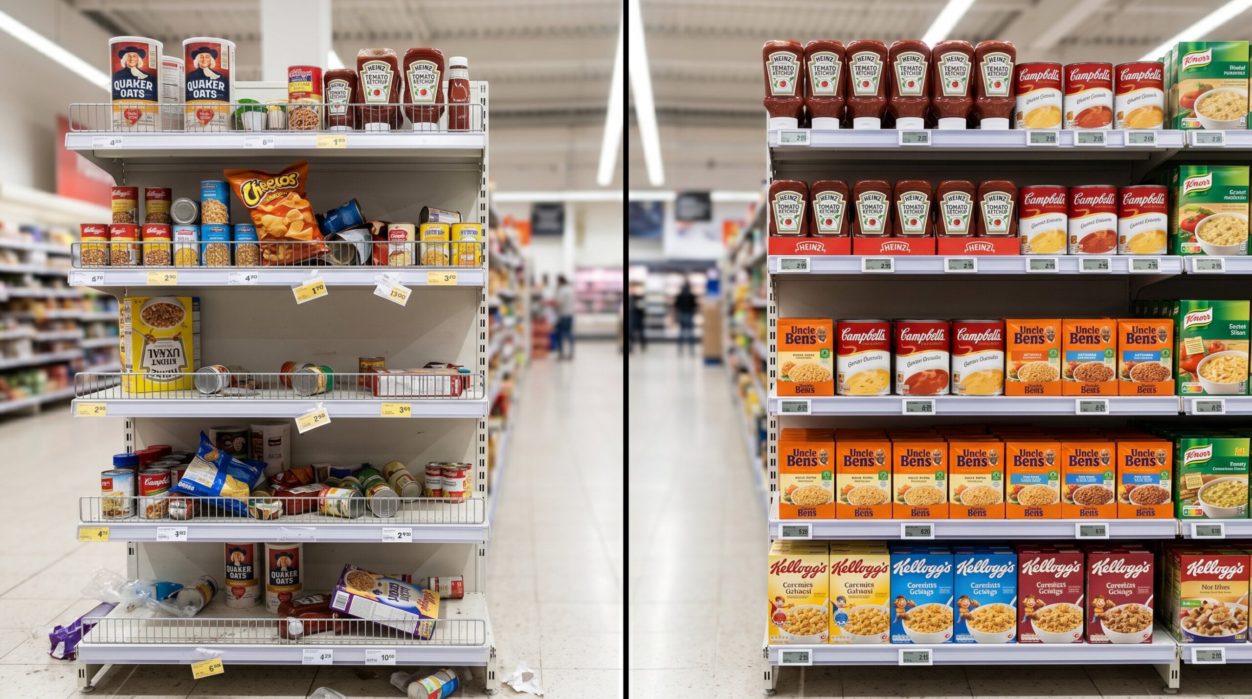 A comparison of two supermarket shelves showcasing various FMCG products including cereals, soups, and sauces, highlighting in-store product visibility and arrangement.